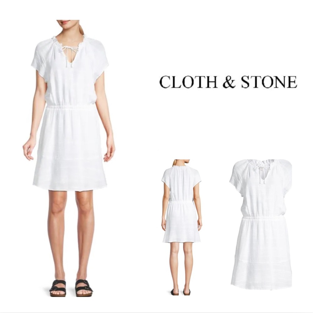 🆕Anthropologie Cloth & Stone Tie-Neck Blouson Mini Dress.  NWOT.